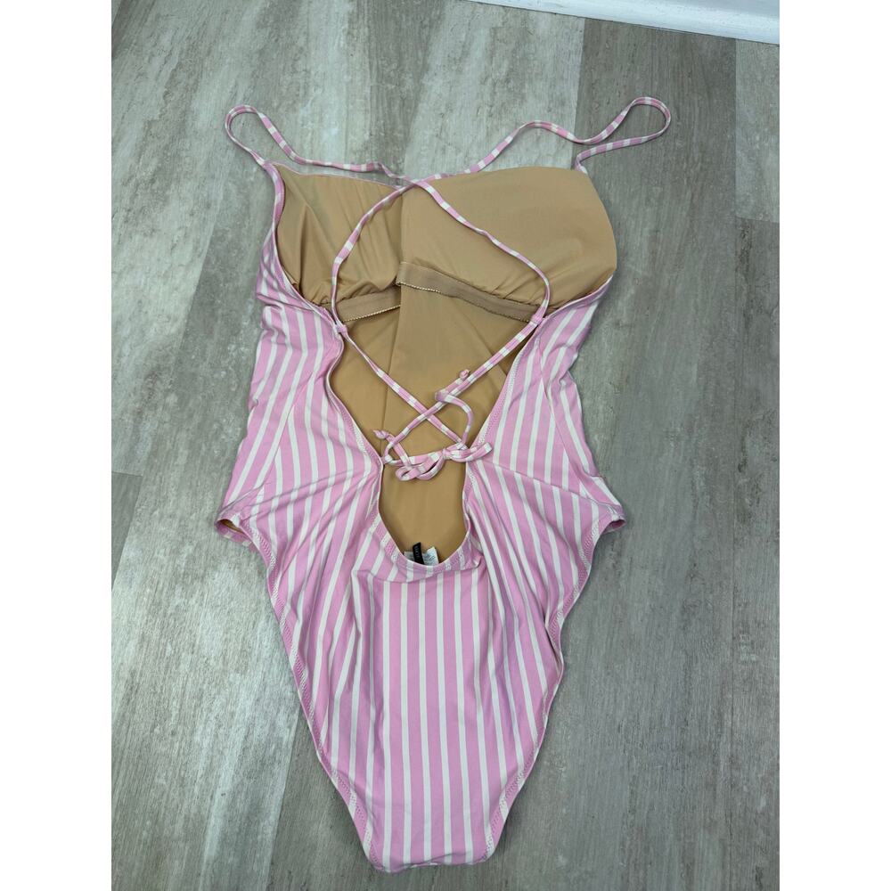 J.Crew Lace-up Back One-Piece Swimsuit Pink & White Stripes Size 16 - Picture 6 of 6